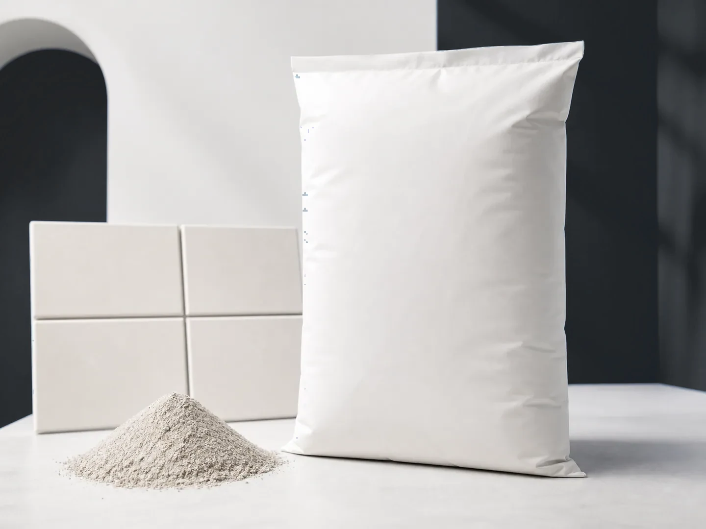 کیسه سفید ساده پودر بندکشی کنار پودر و چهار تایل با بندهای روشن